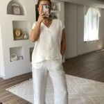 V YAKA KENDİNDEN PARLAK DESEN MODAL TAKIM - EKRU