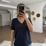 V YAKA KISA KOL PAMUK LİKRA TİŞÖRT - LACİVERT