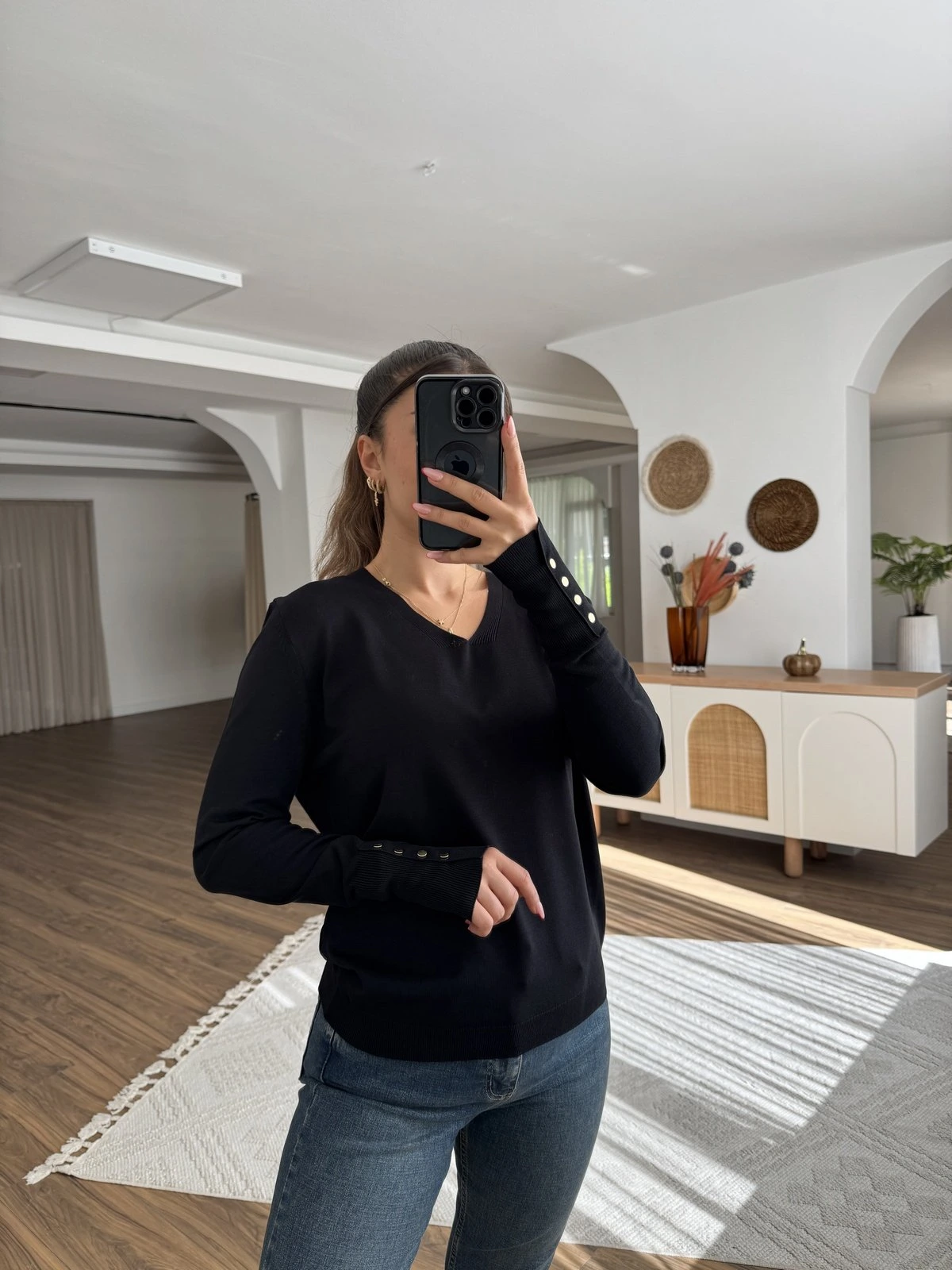 V YAKA KOL DROPLU VİSKON TRİKO - SİYAH - Görsel 1