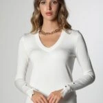 V YAKA KOL MANŞETİ DROPLU TRİKO - EKRU