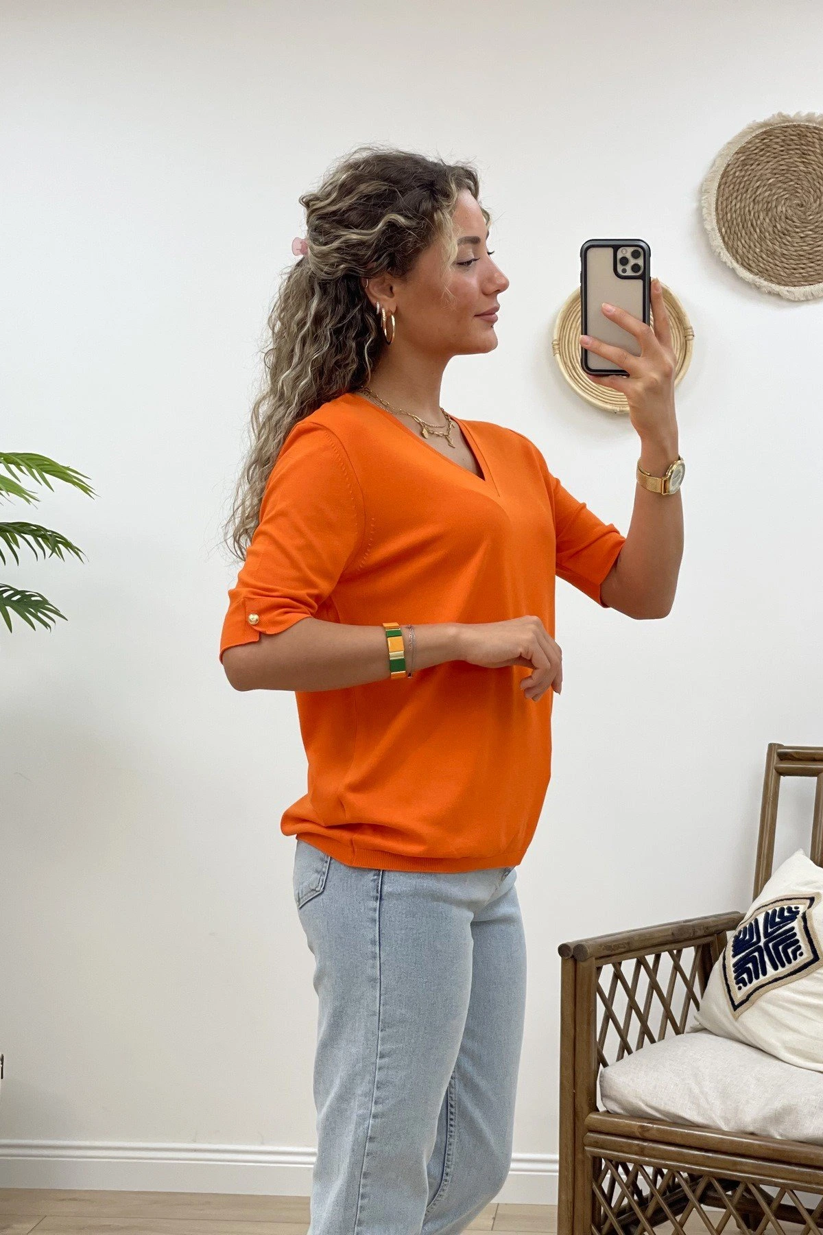 V YAKA KOL UCU DÜĞMELİ VİSKON TRİKO - ORANGE - Görsel 1