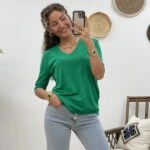 V YAKA KOL UCU DÜĞMELİ VİSKON TRİKO - ZÜMRÜT YEŞİL