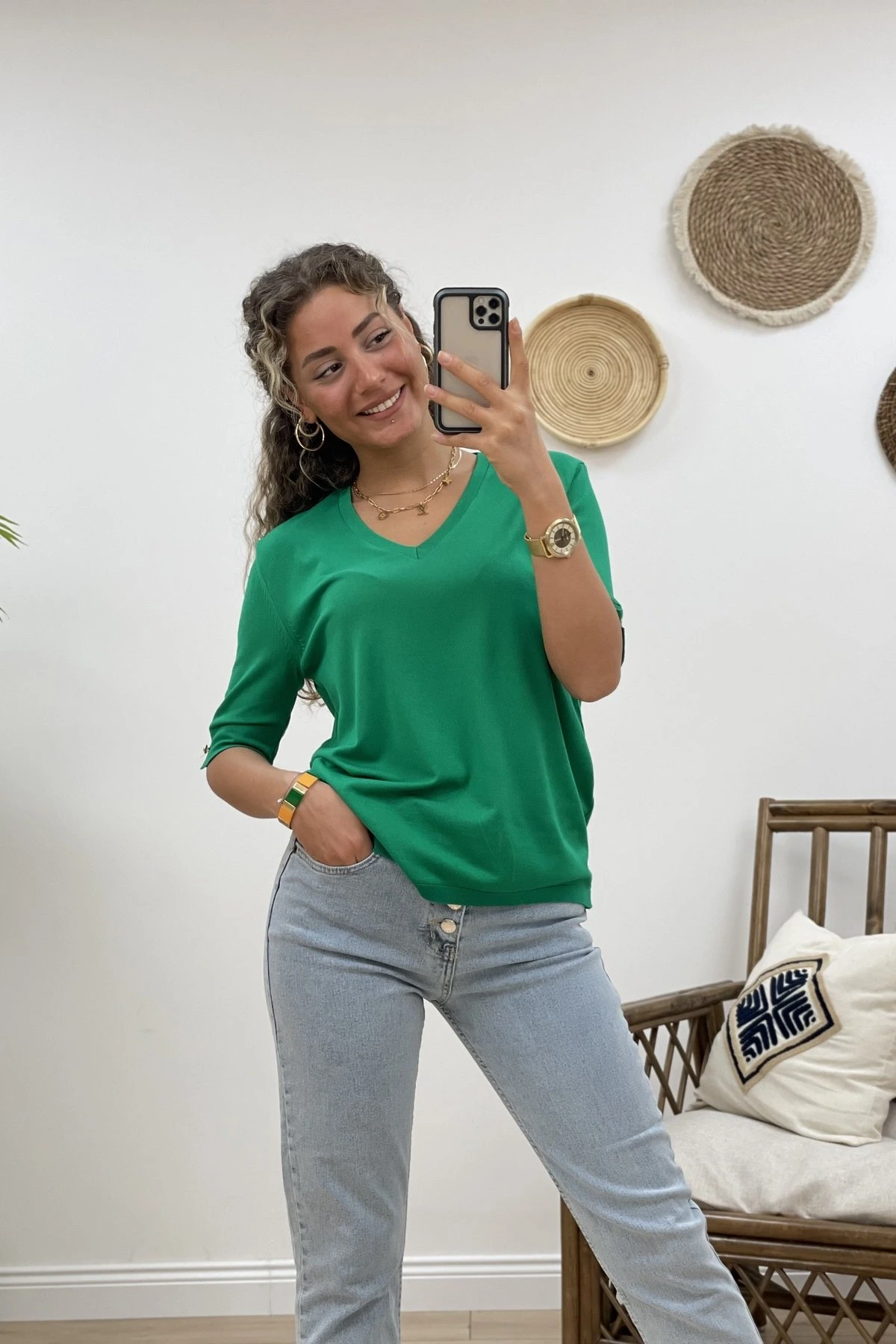 V YAKA KOL UCU DÜĞMELİ VİSKON TRİKO - ZÜMRÜT YEŞİL - Görsel 1