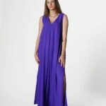 V YAKA ÖN PLİSE MAXİ BOY YAN YIRTMAÇ VİSKON ELBİSE - MOR