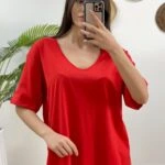 V YAKA OVERSİZE PAMUK TİŞÖRT - KIRMIZI