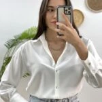 V YAKA SATEN GÖMLEK - BEYAZ