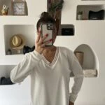 V YAKA ŞERİT DETAY ETEĞİ YIRTMAÇLI VİSKON TRİKO - EKRU