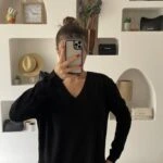 V YAKA ŞERİT DETAY ETEĞİ YIRTMAÇLI VİSKON TRİKO - SİYAH