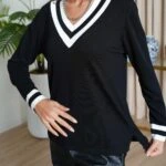 V YAKA ŞERİT DETAY YAN YIRTMAÇLI VİSKON TRİKO - SİYAH