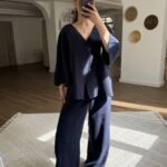 V YAKA TEK DÜĞME TRUVAKAR KOL BLUZ PANTOLON PAMUK TAKIM - LACİVERT