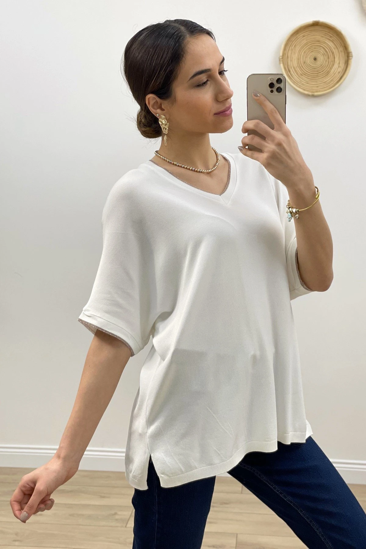 V YAKA VE KOL SİM ŞERİT YARASA KOL TRİKO - EKRU - Görsel 1