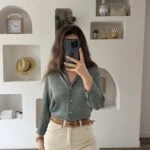 V YAKA VİSKON SATEN BASİC GÖMLEK - YEŞİL