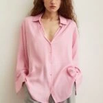 V YAKA VİSKON SATEN GÖMLEK - PEMBE