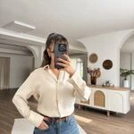 V YAKA VİSKON SATEN GÖMLEK - BEJ