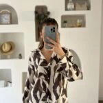 V YAKA YAPRAK DESEN MODAL PAMUK GÖMLEK - KAHVE