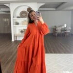 V YAKA YARI PATLI KOL LASTİK SALAŞ PAMUK ELBİSE - AÇIK KIRMIZI