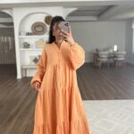 V YAKA YARI PATLI KOL LASTİK SALAŞ PAMUK ELBİSE - SOMON