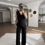 V YAKA YELEK PANTOLON TENSEL VİSKON TAKIM - SİYAH