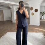 V YAKA YELEK PANTOLON TENSEL VİSKON TAKIM - LACİVERT