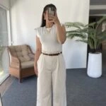 VATKALI ALT GABARDİN KEMERLİ BOL PAÇA TULUM - EKRU