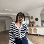 VEREV DOKU ÇİZGİLİ V YAKA VİSKON HIRKA - EKRU LACİVERT