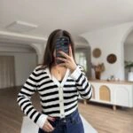 VEREV DOKU ÇİZGİLİ V YAKA VİSKON HIRKA - EKRU SİYAH