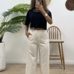 VİSKON BERMUDA ARKA BEL DETAY PANTOLON - KEMİK