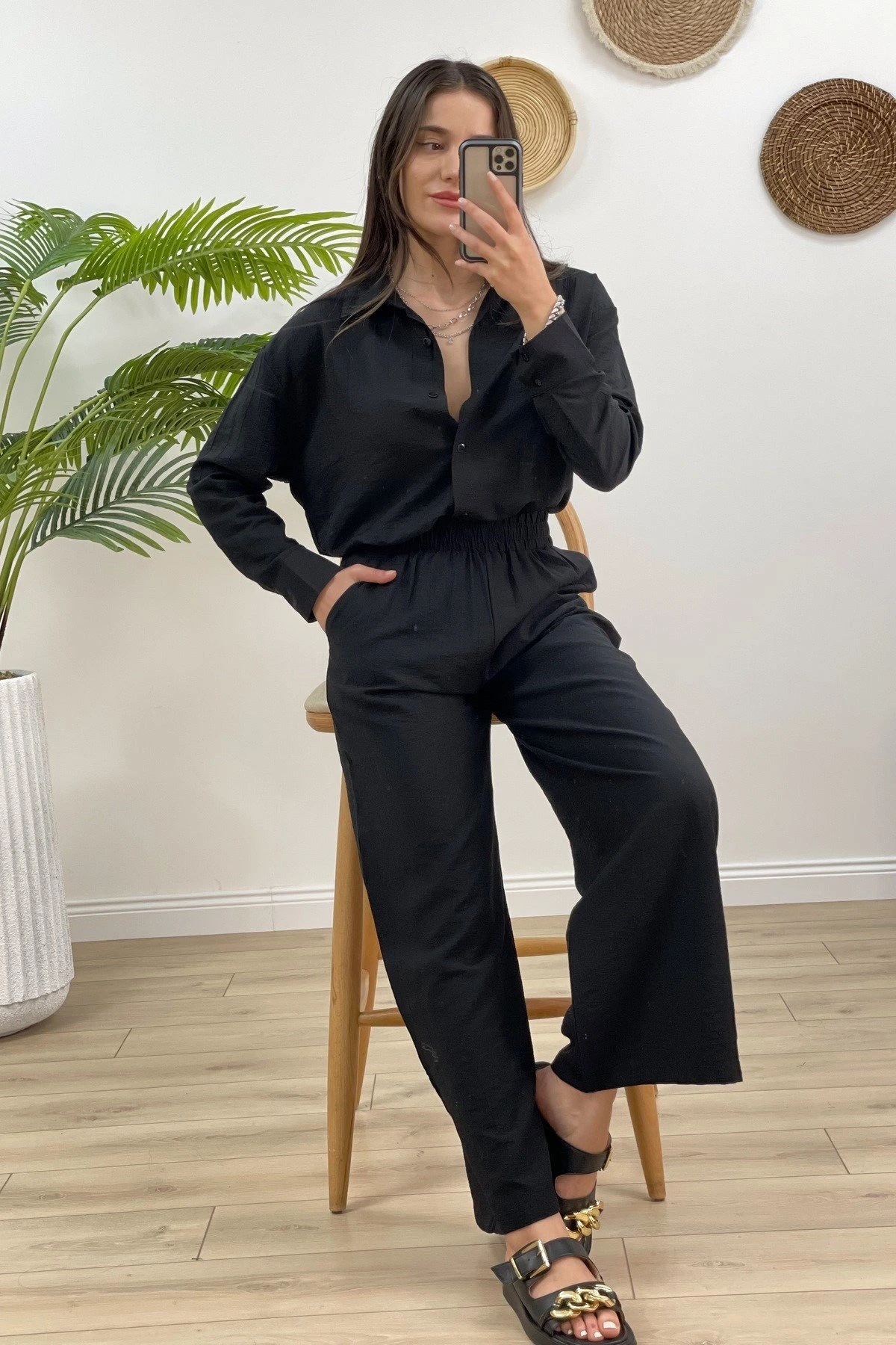 VİSKON GÖMLEK BOL PAÇA PANTOLON TAKIM - SİYAH - Görsel 1