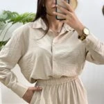 VİSKON GÖMLEK  BOL PAÇA PANTOLON TAKIM - TAŞ