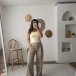 ÖN CEP DETAY GENİŞ PAÇA PİLELİ LİKRALI PAMUK PANTOLON - VİZON