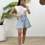 VOLANLI MİNİ KOT ETEK - BUZ MAVİ