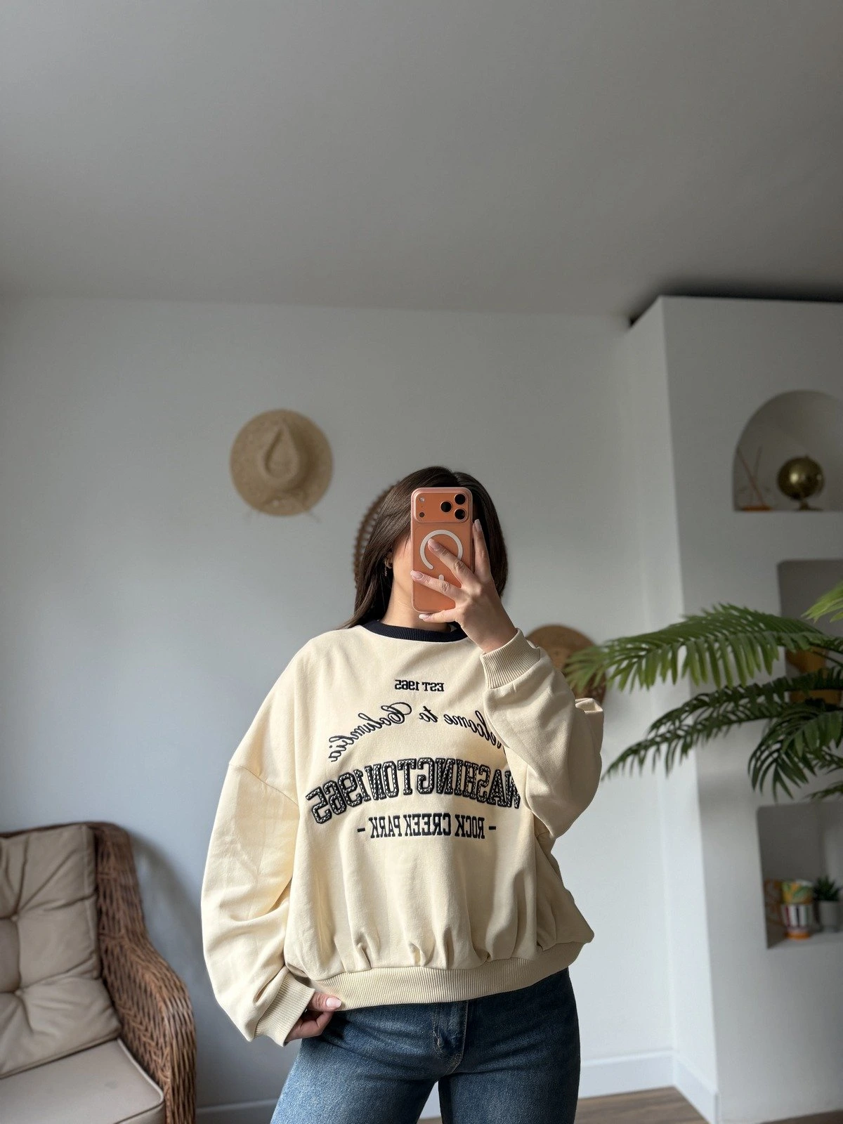 WASHİNGTON KABARTMA YAZI SALAŞ PAMUK SWEAT - BEJ - Görsel 1