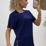 YAKA AKSESUARLI YAN ŞERİT TİŞÖRT - LACİVERT