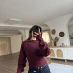 YAKA BONCUK DETAY KAYIK YAKA KAZAK - BORDO