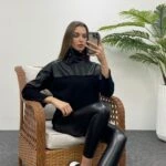 YAKA ÇİFT FERMUAR DERİ DETAY SWEAT - SİYAH