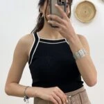 YAKA ÇİZİGLİ HALTER YAKA TRİKO ATLET - SİYAH-KREM