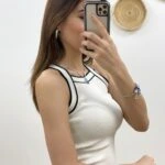 YAKA ÇİZİGLİ HALTER YAKA TRİKO ATLET - KREM SİYAH