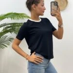 YAKA DOKUMA KSA KOL TİŞÖRT - SİYAH