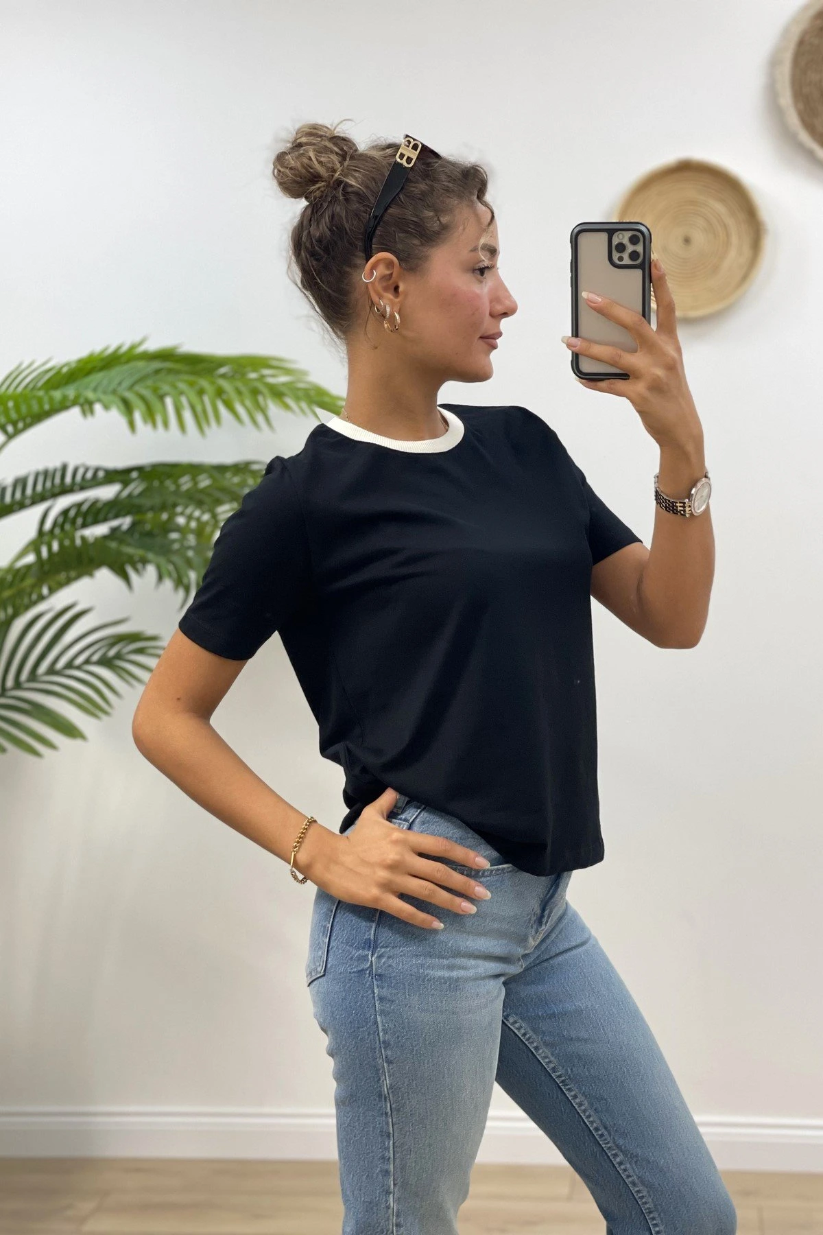 YAKA DOKUMA KSA KOL TİŞÖRT - SİYAH - Görsel 1