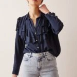 YAKA FIRFIRLI VİSKON GÖMLEK. - LACİVERT