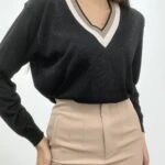 YAKA İKİ RENKLİ SİMLİ TRİKO - SİYAH