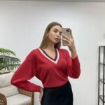 YAKA İKİ RENKLİ SİMLİ TRİKO - KIRMIZI