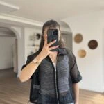 YAKA KOL PARLAK KUMAŞ FERMUARLI FİLE CEKET - SİYAH