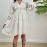 YAKA ÖRGÜ DETAY ROBADAN ASTARLI ELBİSE - BEYAZ