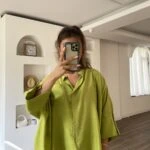 YAKA PİLİ DÜŞÜK KOL SALAŞ VİSKON GÖMLEK - OLİVE