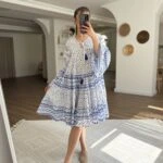 YAKA PÜSKÜL İP GENİŞ KOL FIRFIR PAMUK ELBİSE - SAKS