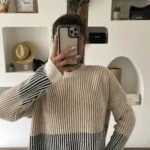 YAKA REGLAN YÜN KARIŞIMLI ÇİZGİ DOKU KAZAK - EKRU LACİVERT