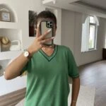 YAKA VE KOL ÇİFT ŞERİT ARKA UZUN V YAKA KISA KOL VİSKON TRİKO - YEŞİL LACİVERT