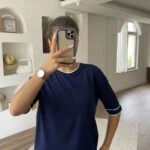 YAKA VE KOL ŞERİT KISA KOL VİSKON TRİKO - LACİVERT EKRU