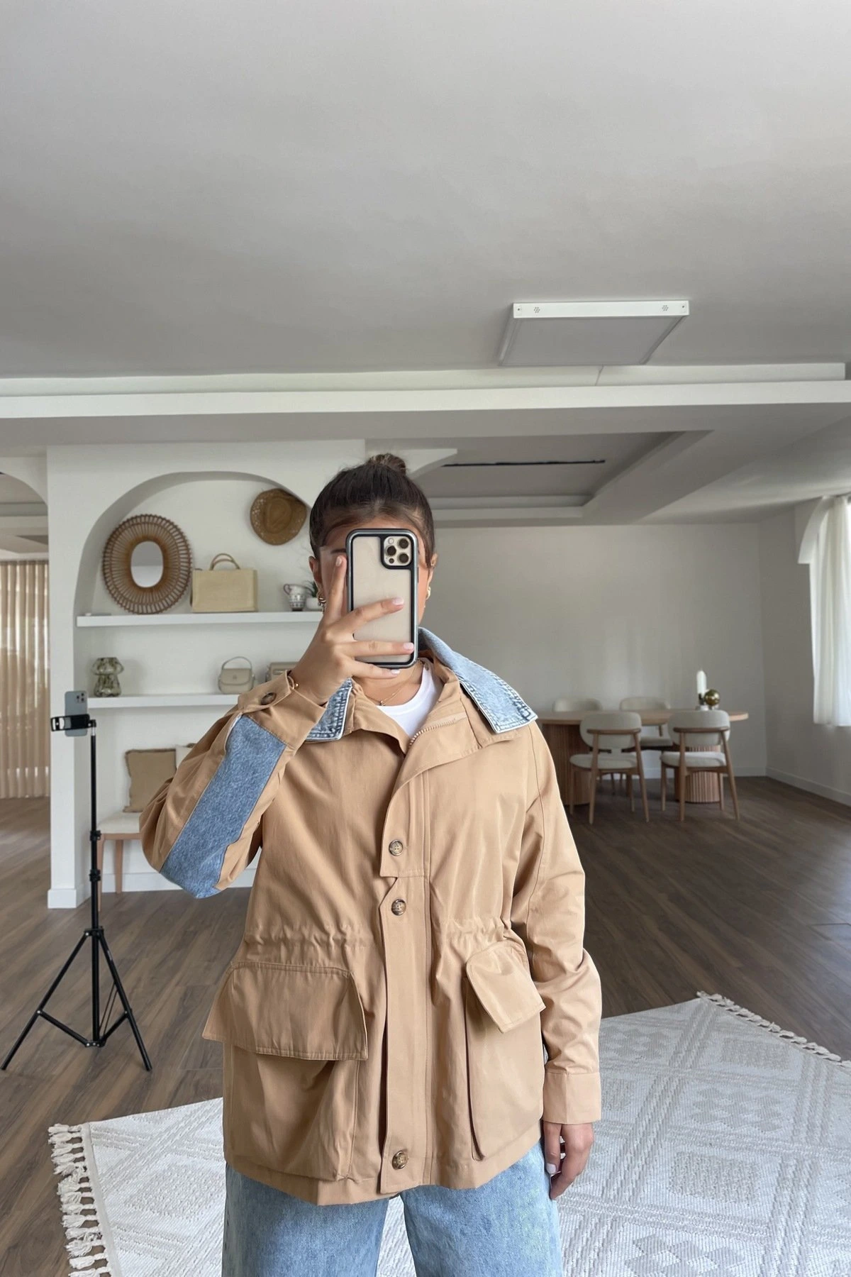 YAKA VE SIRT JEAN DETAY BEL BÜZGÜ KAPAK CEP VİSKON TRENÇ - A.CAMEL - Görsel 1